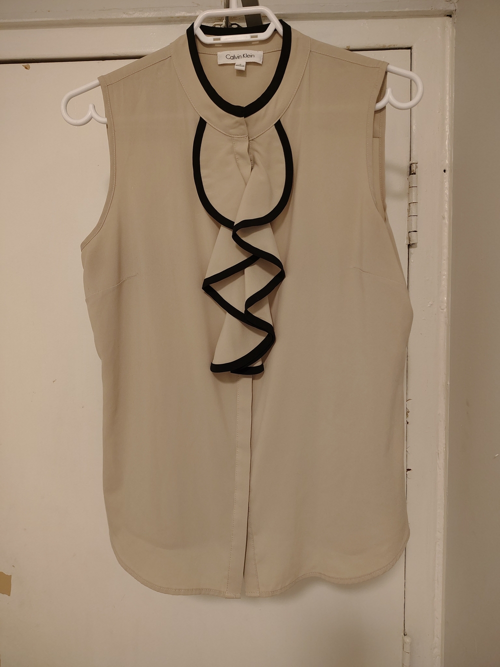 Calvin Klein Cream Sleeveless Ruffle Front Top with Black Trim Accent